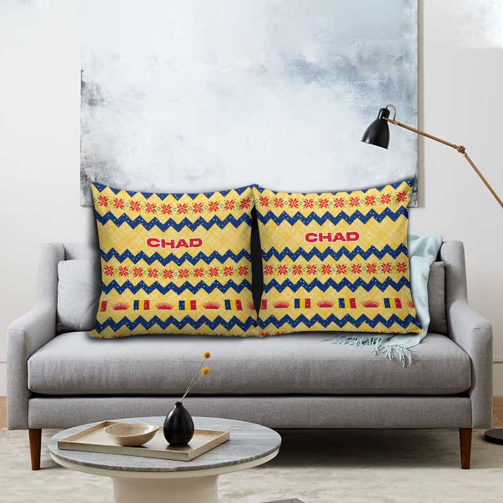 Chad Christmas Pillow Cover with Yellow-Blue Geometric Design, National Coat of Arms, and Festive Motif - Wonder Print Shop