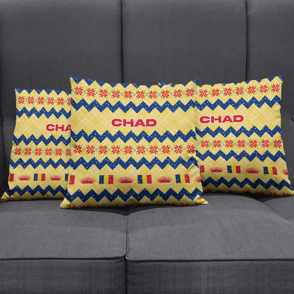 Chad Christmas Pillow Cover with Yellow-Blue Geometric Design, National Coat of Arms, and Festive Motif - Wonder Print Shop