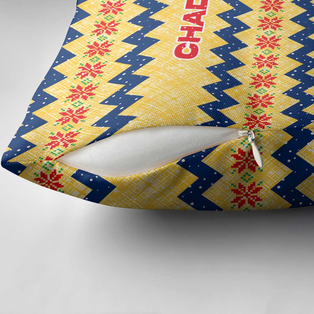 Chad Christmas Pillow Cover with Yellow-Blue Geometric Design, National Coat of Arms, and Festive Motif - Wonder Print Shop