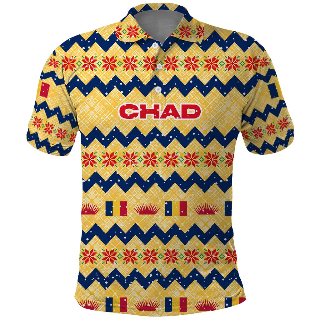 Chad Christmas Polo Shirt with Yellow-Blue Geometric Design, National Coat of Arms, and Festive Motif - Wonder Print Shop