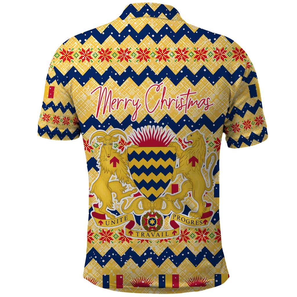Chad Christmas Polo Shirt with Yellow-Blue Geometric Design, National Coat of Arms, and Festive Motif - Wonder Print Shop