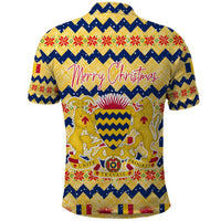 Chad Christmas Polo Shirt with Yellow-Blue Geometric Design, National Coat of Arms, and Festive Motif - Wonder Print Shop