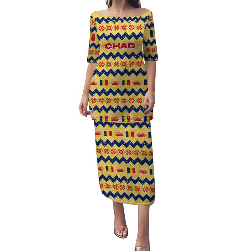 Chad Christmas Puletasi with Yellow-Blue Geometric Design, National Coat of Arms, and Festive Motif - Wonder Print Shop