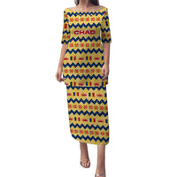 Chad Christmas Puletasi with Yellow-Blue Geometric Design, National Coat of Arms, and Festive Motif - Wonder Print Shop