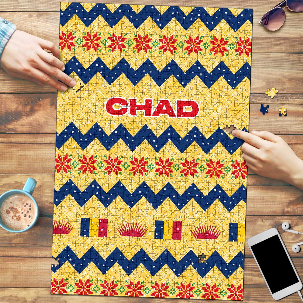 Chad Christmas Puzzle with Yellow-Blue Geometric Design, National Coat of Arms, and Festive Motif - Wonder Print Shop
