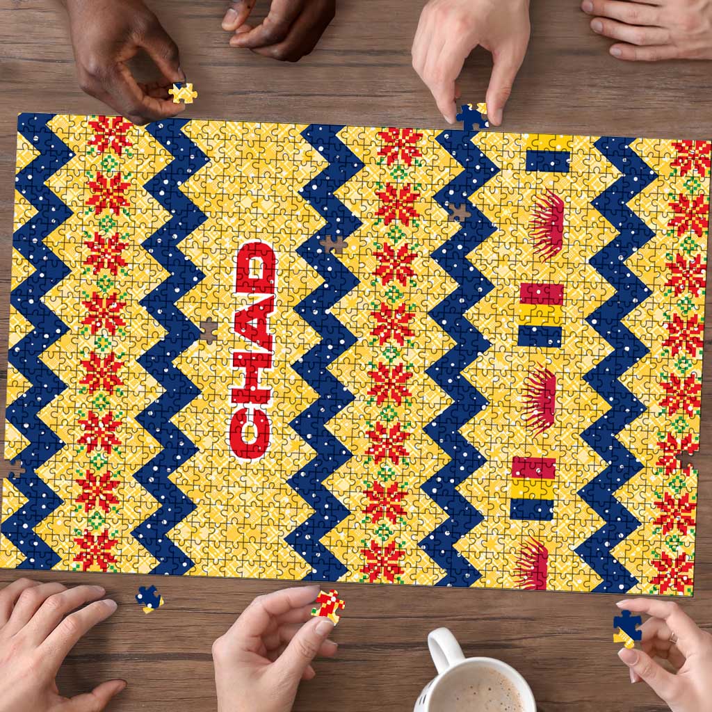 Chad Christmas Puzzle with Yellow-Blue Geometric Design, National Coat of Arms, and Festive Motif - Wonder Print Shop