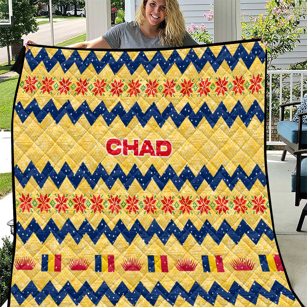 Chad Christmas Quilt with Yellow-Blue Geometric Design, National Coat of Arms, and Festive Motif - Wonder Print Shop