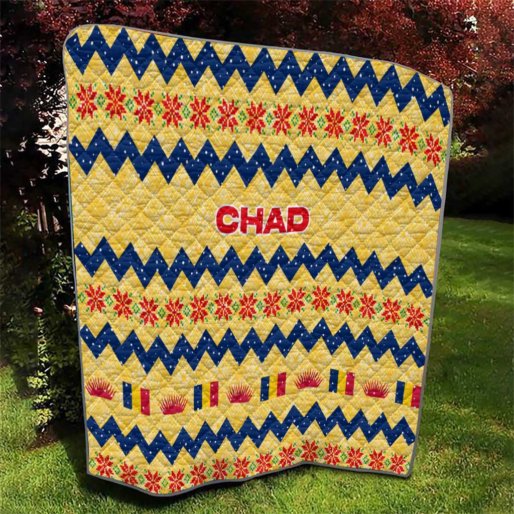 Chad Christmas Quilt with Yellow-Blue Geometric Design, National Coat of Arms, and Festive Motif - Wonder Print Shop