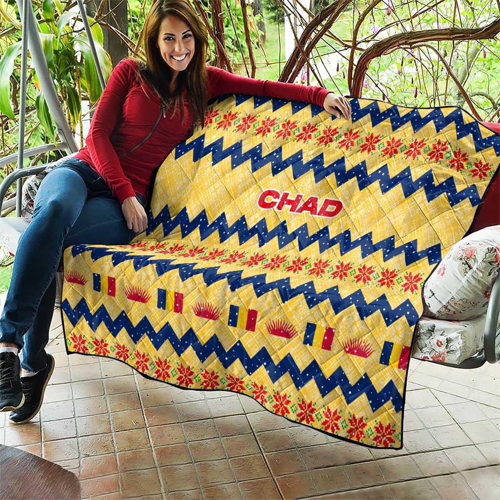 Chad Christmas Quilt with Yellow-Blue Geometric Design, National Coat of Arms, and Festive Motif - Wonder Print Shop