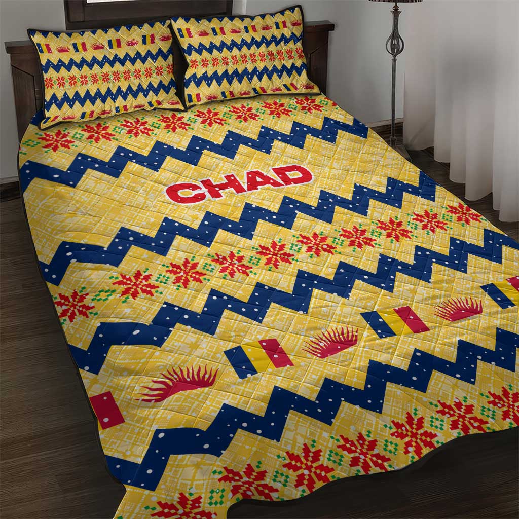 Chad Christmas Quilt Bed Set with Yellow-Blue Geometric Design, National Coat of Arms, and Festive Motif - Wonder Print Shop