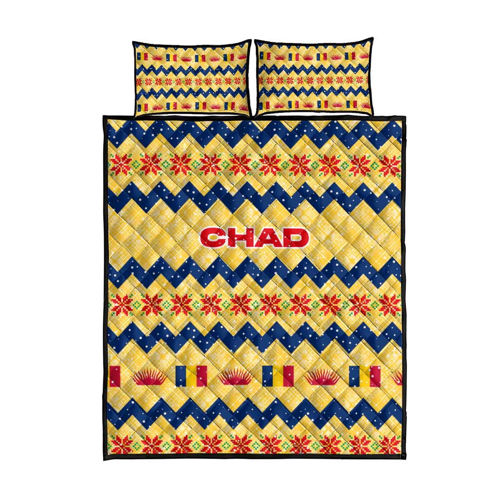 Chad Christmas Quilt Bed Set with Yellow-Blue Geometric Design, National Coat of Arms, and Festive Motif - Wonder Print Shop