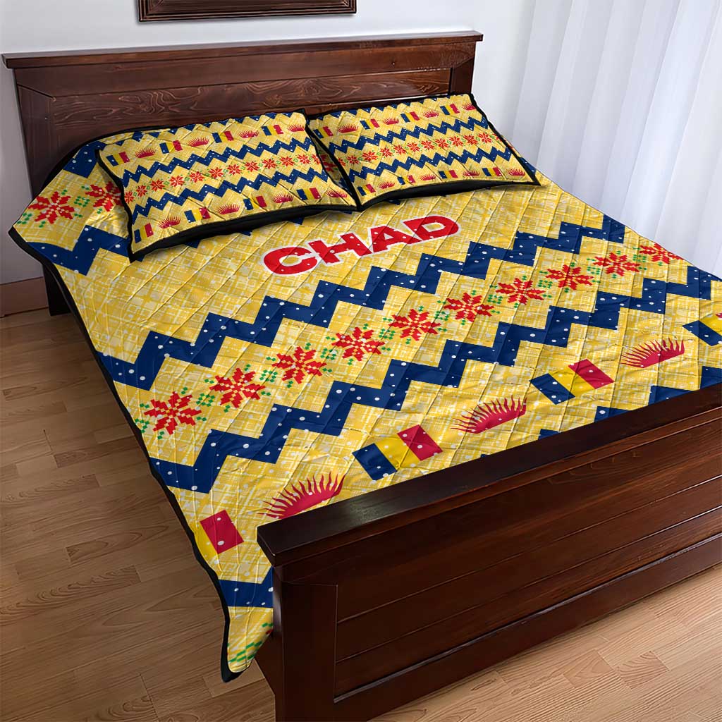 Chad Christmas Quilt Bed Set with Yellow-Blue Geometric Design, National Coat of Arms, and Festive Motif - Wonder Print Shop