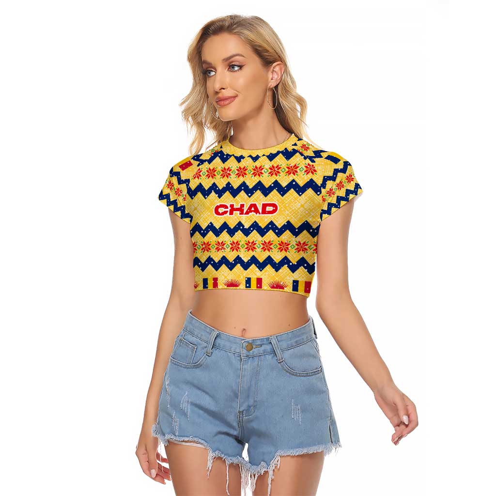 Chad Christmas Raglan Cropped T Shirt with Yellow-Blue Geometric Design, National Coat of Arms, and Festive Motif - Wonder Print Shop