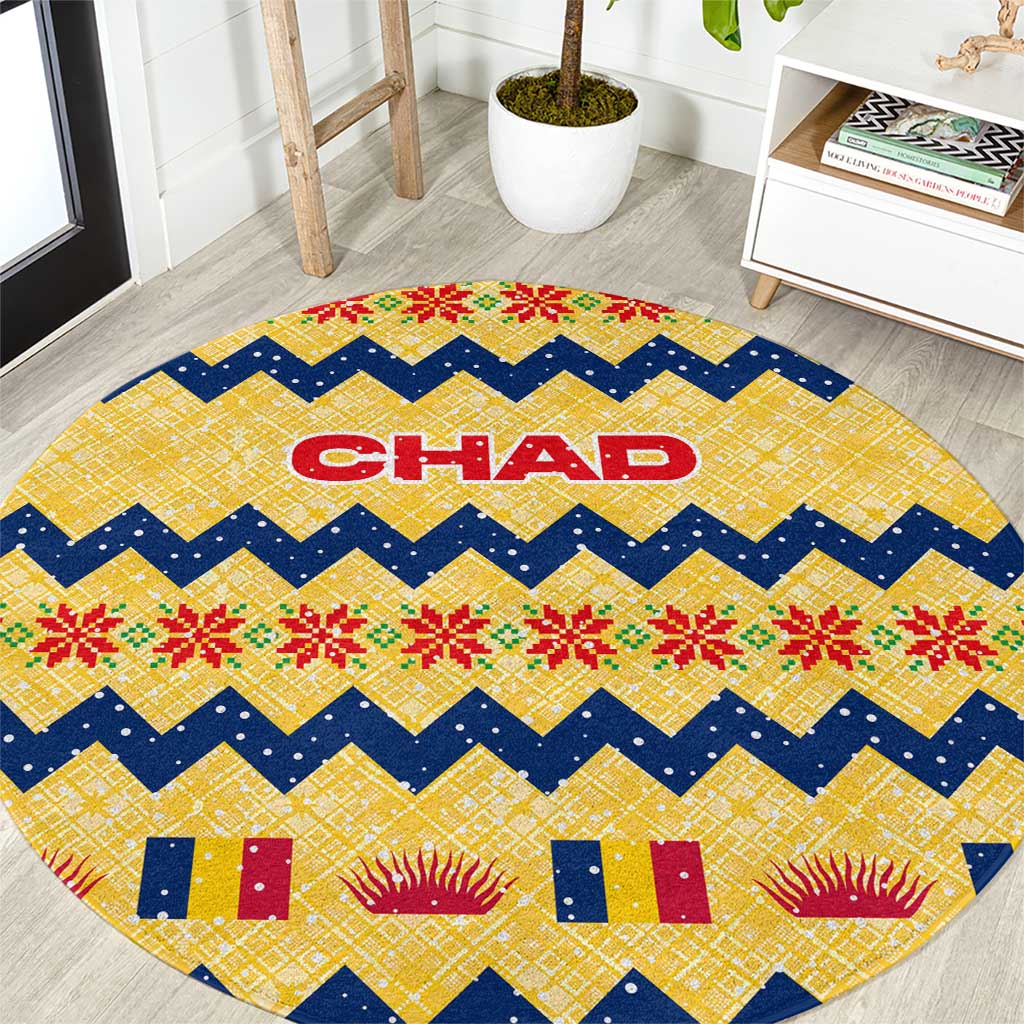 Chad Christmas Round Carpet with Yellow-Blue Geometric Design, National Coat of Arms, and Festive Motif - Wonder Print Shop