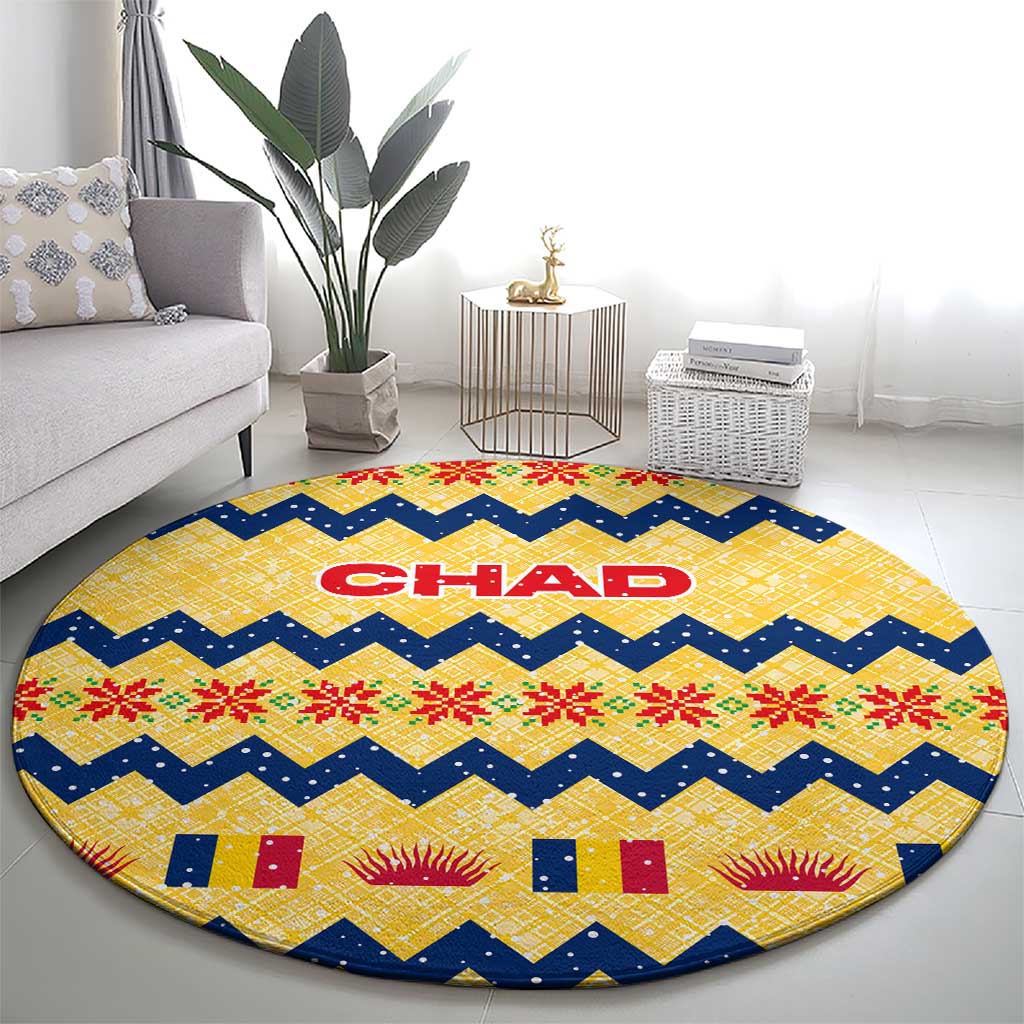 Chad Christmas Round Carpet with Yellow-Blue Geometric Design, National Coat of Arms, and Festive Motif - Wonder Print Shop