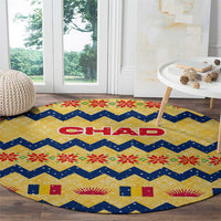 Chad Christmas Round Carpet with Yellow-Blue Geometric Design, National Coat of Arms, and Festive Motif - Wonder Print Shop