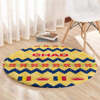 Chad Christmas Round Carpet with Yellow-Blue Geometric Design, National Coat of Arms, and Festive Motif - Wonder Print Shop