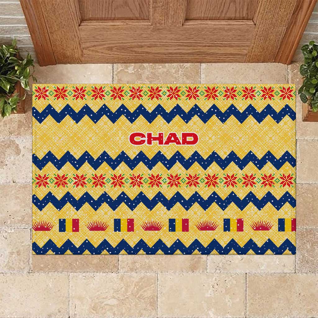 Chad Christmas Rubber Doormat with Yellow-Blue Geometric Design, National Coat of Arms, and Festive Motif - Wonder Print Shop