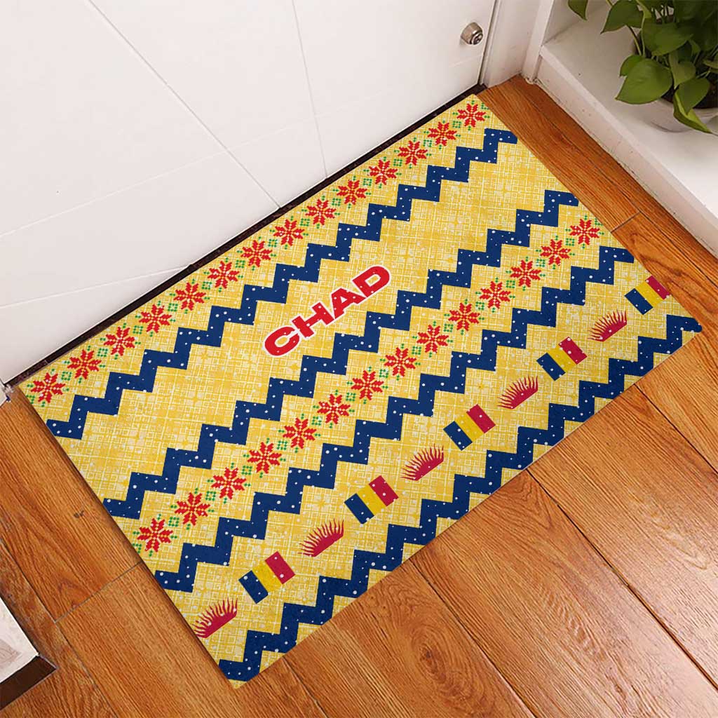 Chad Christmas Rubber Doormat with Yellow-Blue Geometric Design, National Coat of Arms, and Festive Motif - Wonder Print Shop