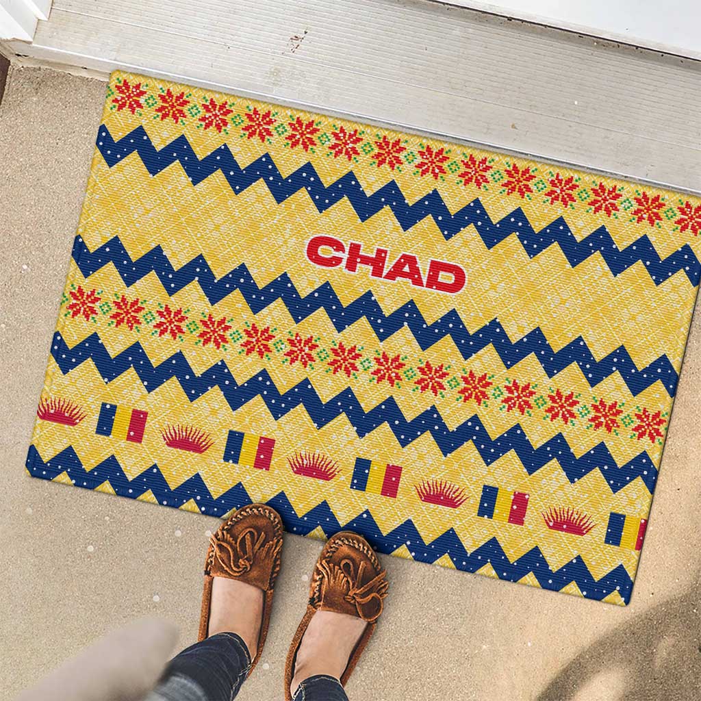 Chad Christmas Rubber Doormat with Yellow-Blue Geometric Design, National Coat of Arms, and Festive Motif - Wonder Print Shop