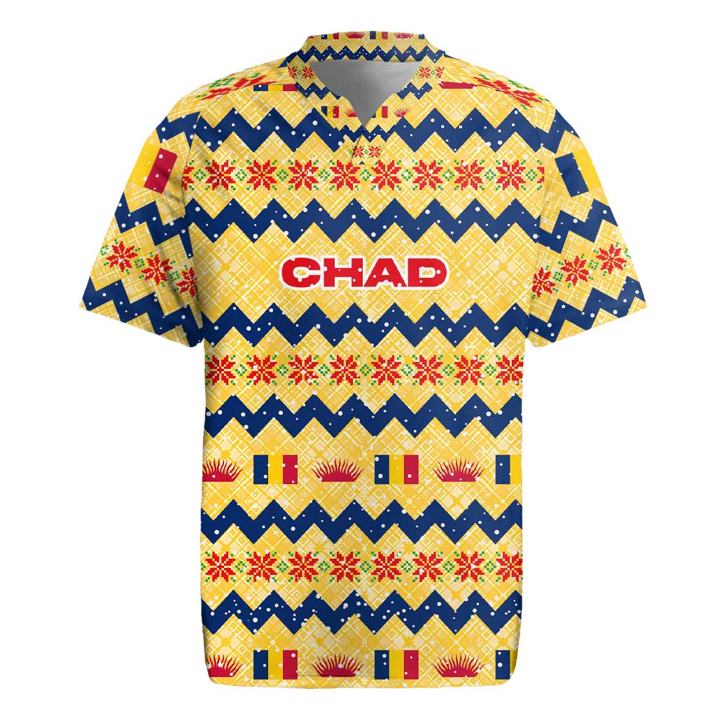 Chad Christmas Rugby Jersey with Yellow-Blue Geometric Design, National Coat of Arms, and Festive Motif - Wonder Print Shop