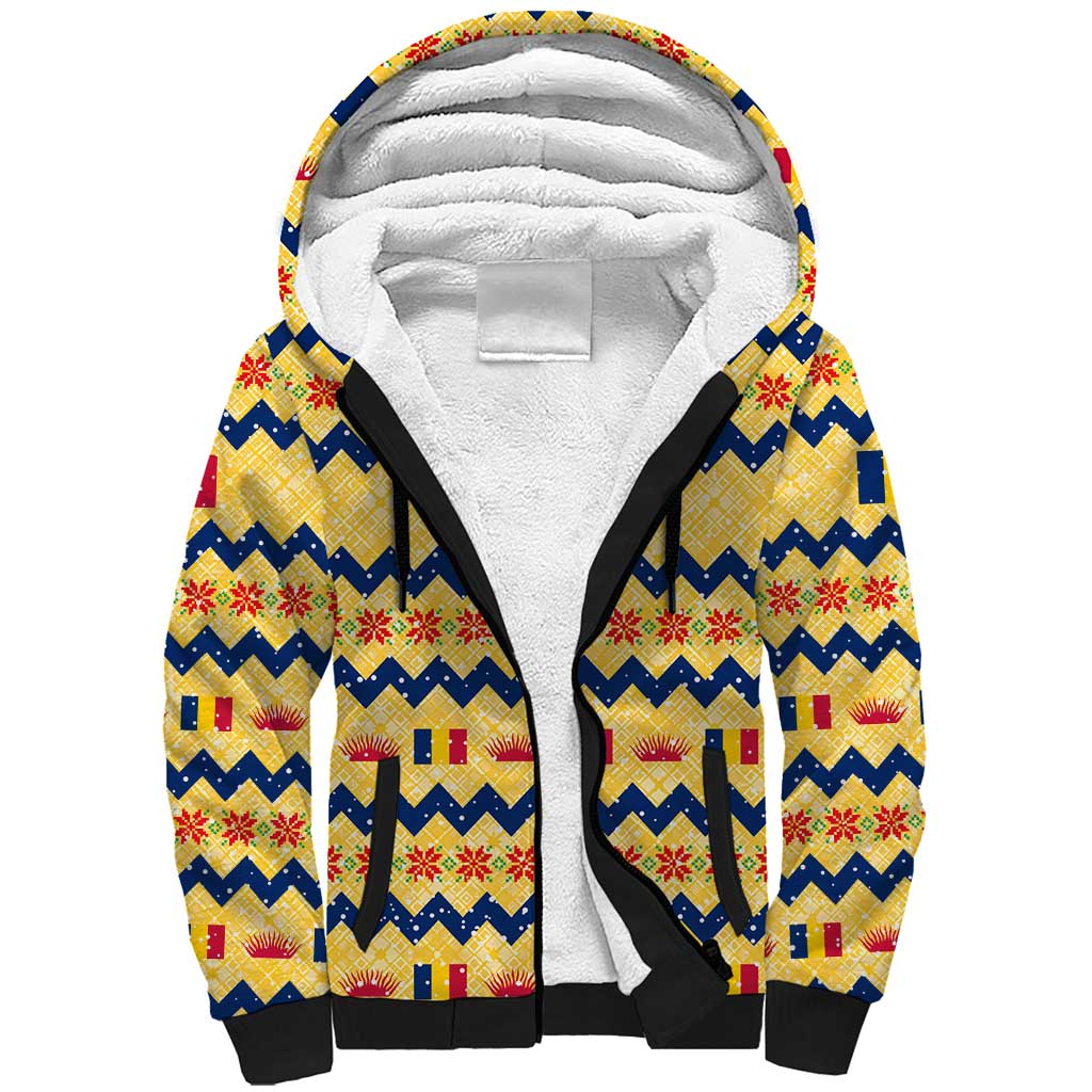 Chad Christmas Sherpa Hoodie with Yellow-Blue Geometric Design, National Coat of Arms, and Festive Motif - Wonder Print Shop