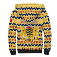 Chad Christmas Sherpa Hoodie with Yellow-Blue Geometric Design, National Coat of Arms, and Festive Motif - Wonder Print Shop