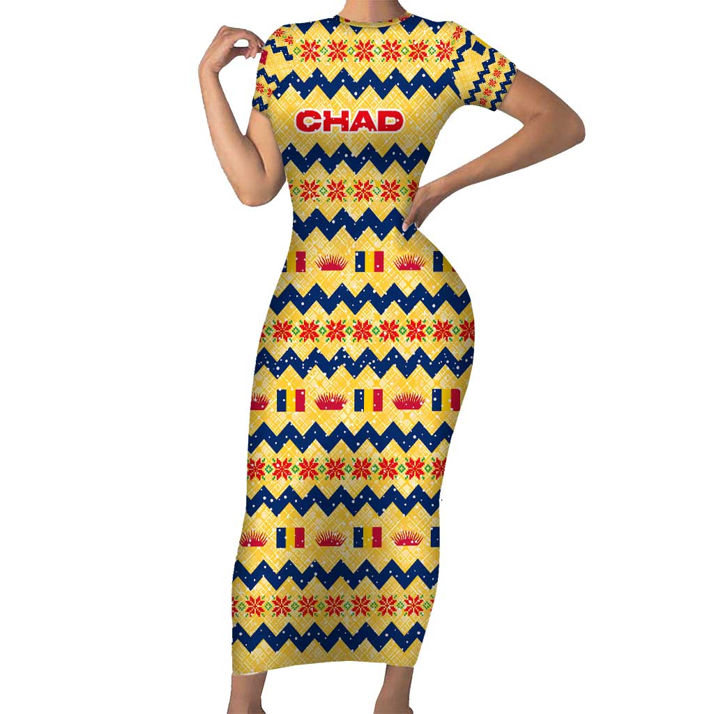 Chad Christmas Short Sleeve Bodycon Dress with Yellow-Blue Geometric Design, National Coat of Arms, and Festive Motif - Wonder Print Shop