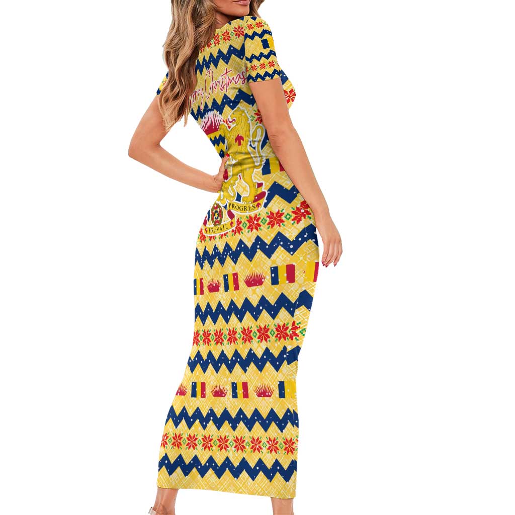 Chad Christmas Short Sleeve Bodycon Dress with Yellow-Blue Geometric Design, National Coat of Arms, and Festive Motif - Wonder Print Shop