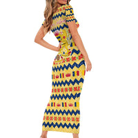 Chad Christmas Short Sleeve Bodycon Dress with Yellow-Blue Geometric Design, National Coat of Arms, and Festive Motif - Wonder Print Shop