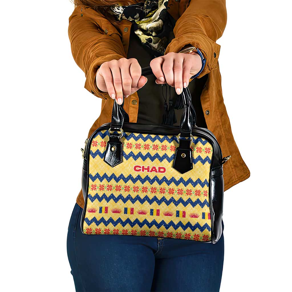 Chad Christmas Shoulder Handbag with Yellow-Blue Geometric Design, National Coat of Arms, and Festive Motif - Wonder Print Shop