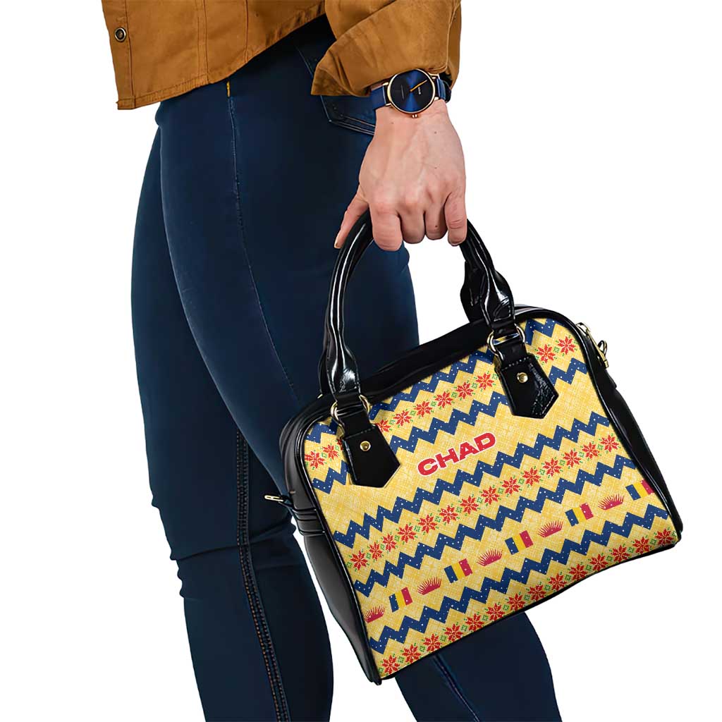 Chad Christmas Shoulder Handbag with Yellow-Blue Geometric Design, National Coat of Arms, and Festive Motif - Wonder Print Shop