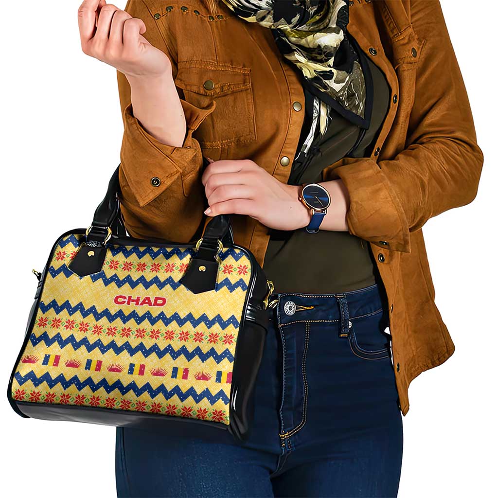 Chad Christmas Shoulder Handbag with Yellow-Blue Geometric Design, National Coat of Arms, and Festive Motif - Wonder Print Shop