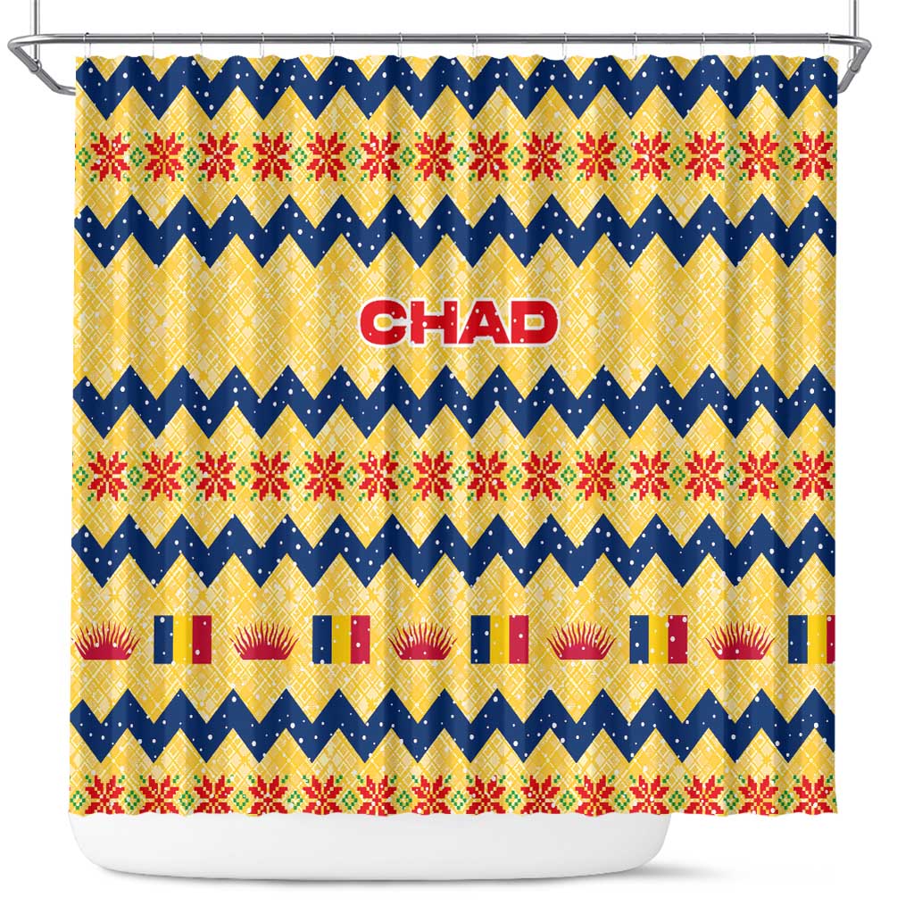 Chad Christmas Shower Curtain with Yellow-Blue Geometric Design, National Coat of Arms, and Festive Motif - Wonder Print Shop