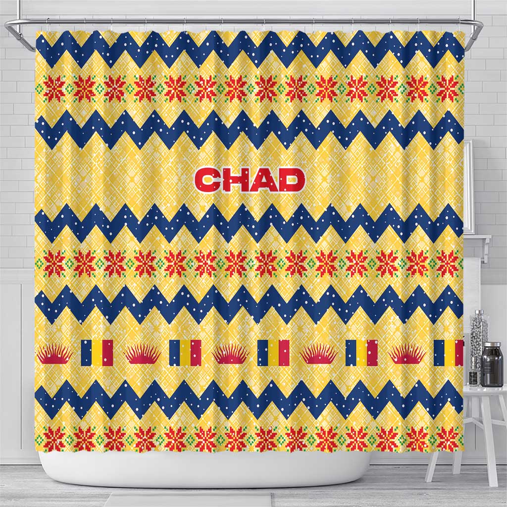 Chad Christmas Shower Curtain with Yellow-Blue Geometric Design, National Coat of Arms, and Festive Motif - Wonder Print Shop