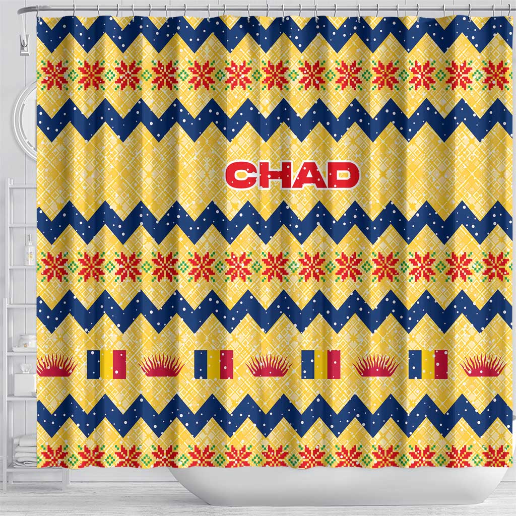 Chad Christmas Shower Curtain with Yellow-Blue Geometric Design, National Coat of Arms, and Festive Motif - Wonder Print Shop