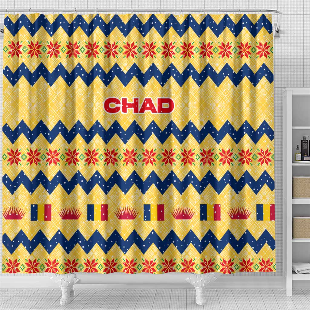 Chad Christmas Shower Curtain with Yellow-Blue Geometric Design, National Coat of Arms, and Festive Motif - Wonder Print Shop