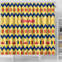 Chad Christmas Shower Curtain with Yellow-Blue Geometric Design, National Coat of Arms, and Festive Motif - Wonder Print Shop