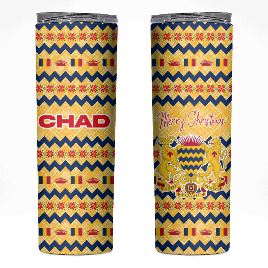 Chad Christmas Skinny Tumbler with Yellow-Blue Geometric Design, National Coat of Arms, and Festive Motif - Wonder Print Shop