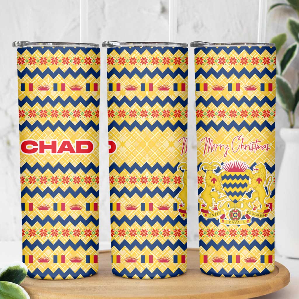 Chad Christmas Skinny Tumbler with Yellow-Blue Geometric Design, National Coat of Arms, and Festive Motif - Wonder Print Shop