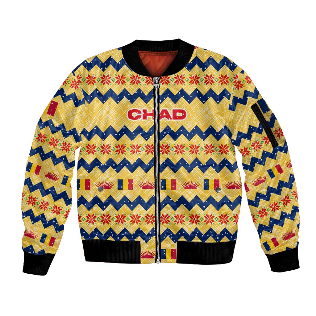 Chad Christmas Sleeve Zip Bomber Jacket with Yellow-Blue Geometric Design, National Coat of Arms, and Festive Motif - Wonder Print Shop