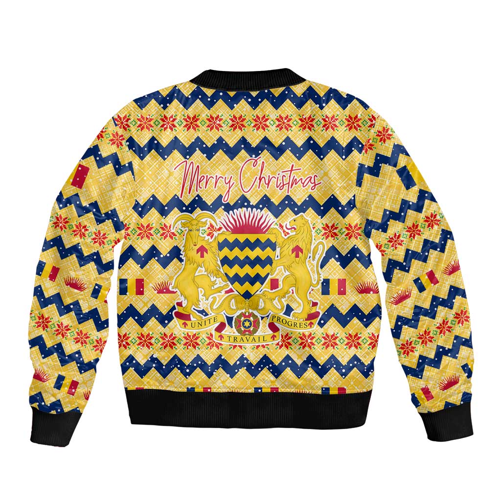 Chad Christmas Sleeve Zip Bomber Jacket with Yellow-Blue Geometric Design, National Coat of Arms, and Festive Motif - Wonder Print Shop