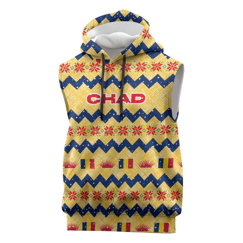 Chad Christmas Sleeveless Hoodie with Yellow-Blue Geometric Design, National Coat of Arms, and Festive Motif - Wonder Print Shop