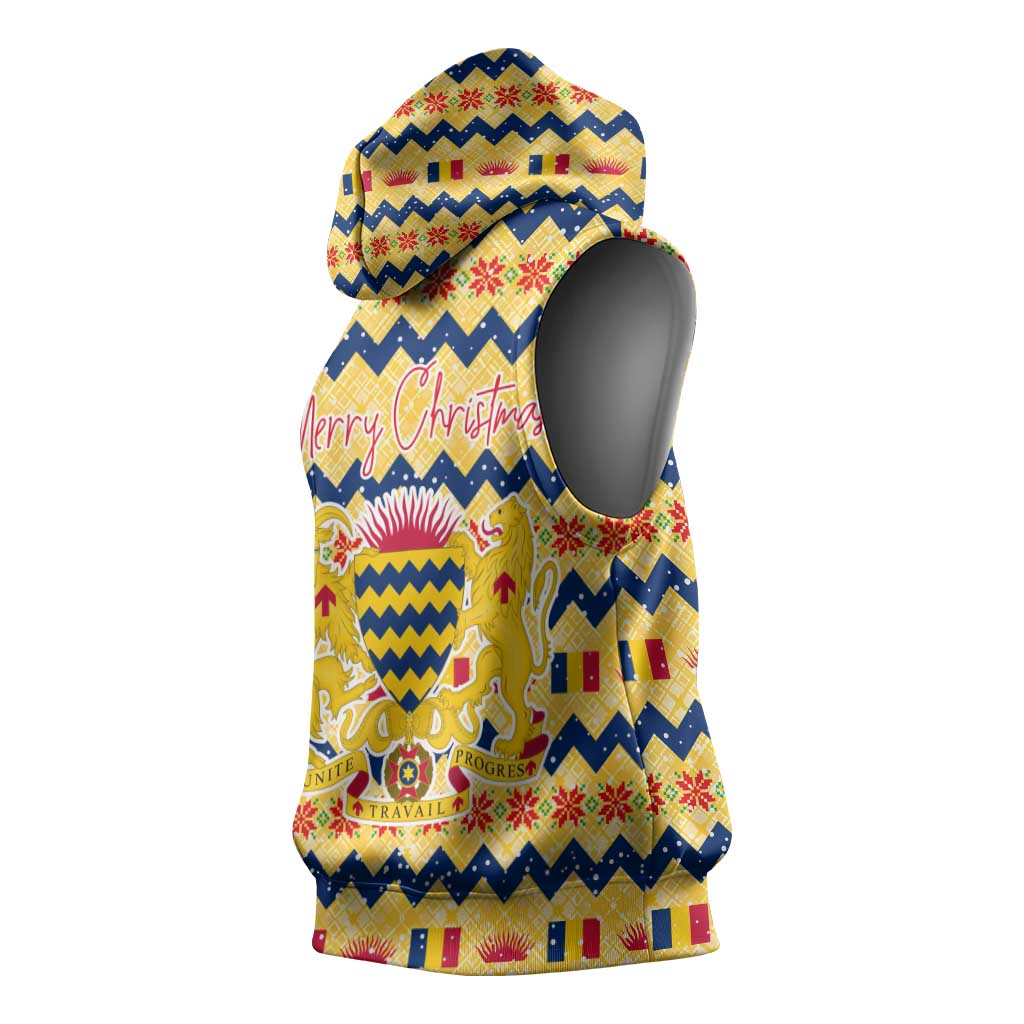 Chad Christmas Sleeveless Hoodie with Yellow-Blue Geometric Design, National Coat of Arms, and Festive Motif - Wonder Print Shop