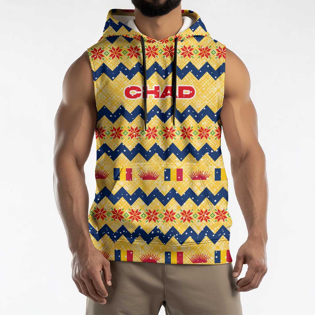Chad Christmas Sleeveless Hoodie with Yellow-Blue Geometric Design, National Coat of Arms, and Festive Motif - Wonder Print Shop