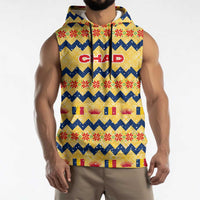 Chad Christmas Sleeveless Hoodie with Yellow-Blue Geometric Design, National Coat of Arms, and Festive Motif - Wonder Print Shop