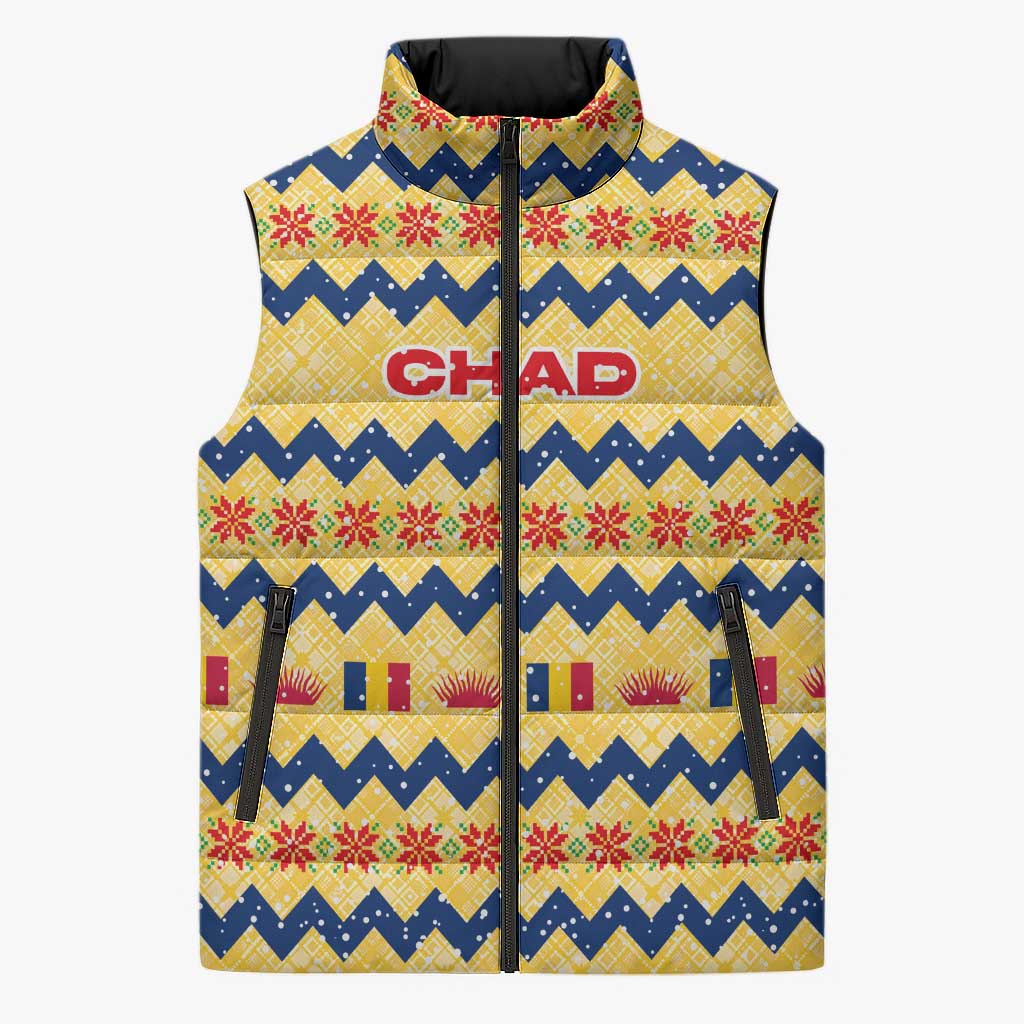 Chad Christmas Sleeveless Puffer Jacket with Yellow-Blue Geometric Design, National Coat of Arms, and Festive Motif - Wonder Print Shop