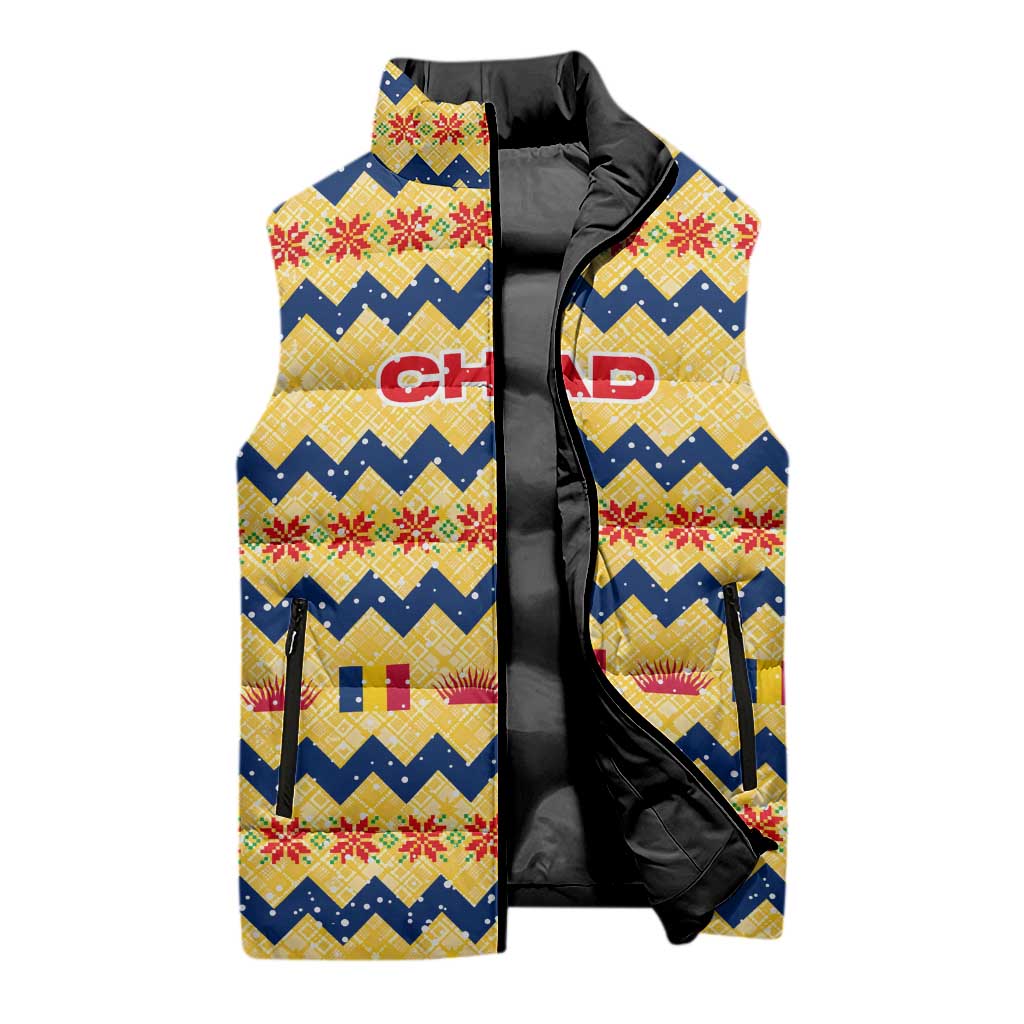 Chad Christmas Sleeveless Puffer Jacket with Yellow-Blue Geometric Design, National Coat of Arms, and Festive Motif - Wonder Print Shop