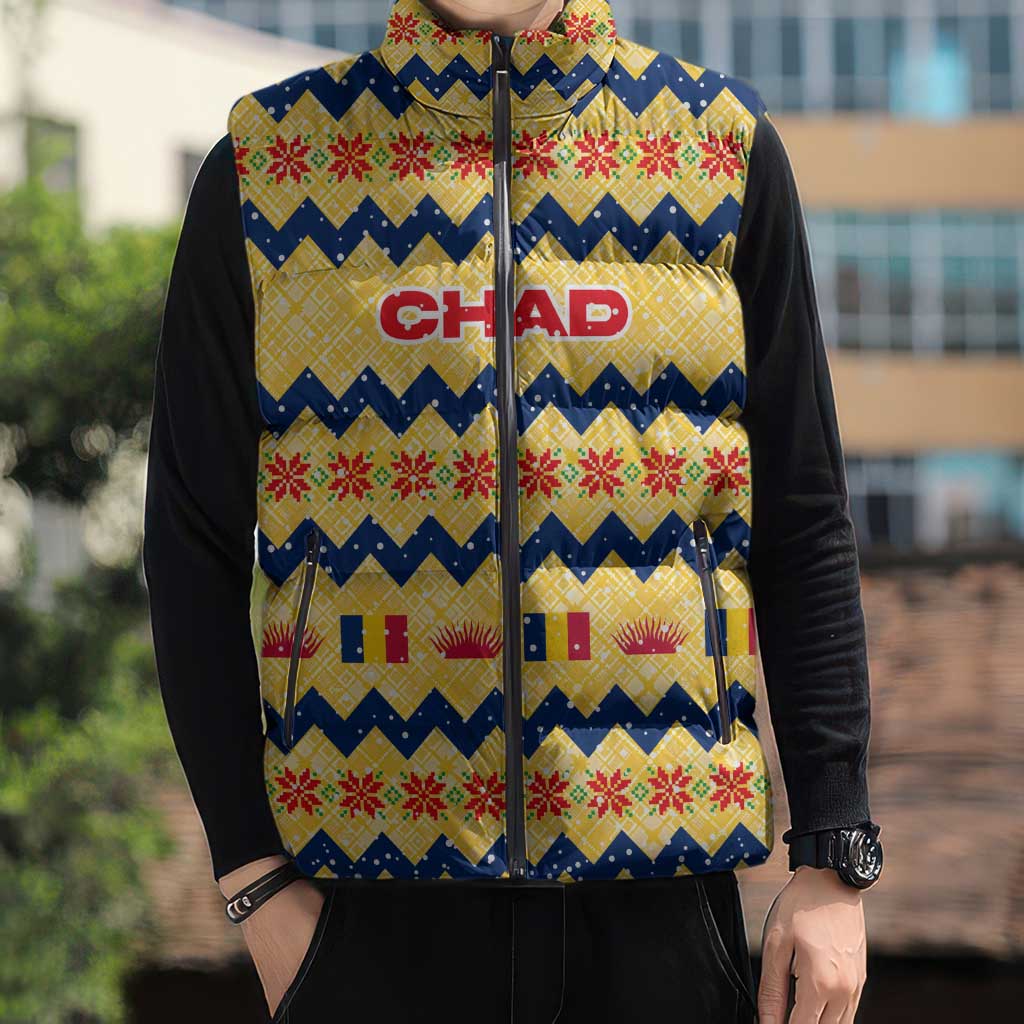 Chad Christmas Sleeveless Puffer Jacket with Yellow-Blue Geometric Design, National Coat of Arms, and Festive Motif - Wonder Print Shop