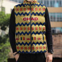 Chad Christmas Sleeveless Puffer Jacket with Yellow-Blue Geometric Design, National Coat of Arms, and Festive Motif - Wonder Print Shop